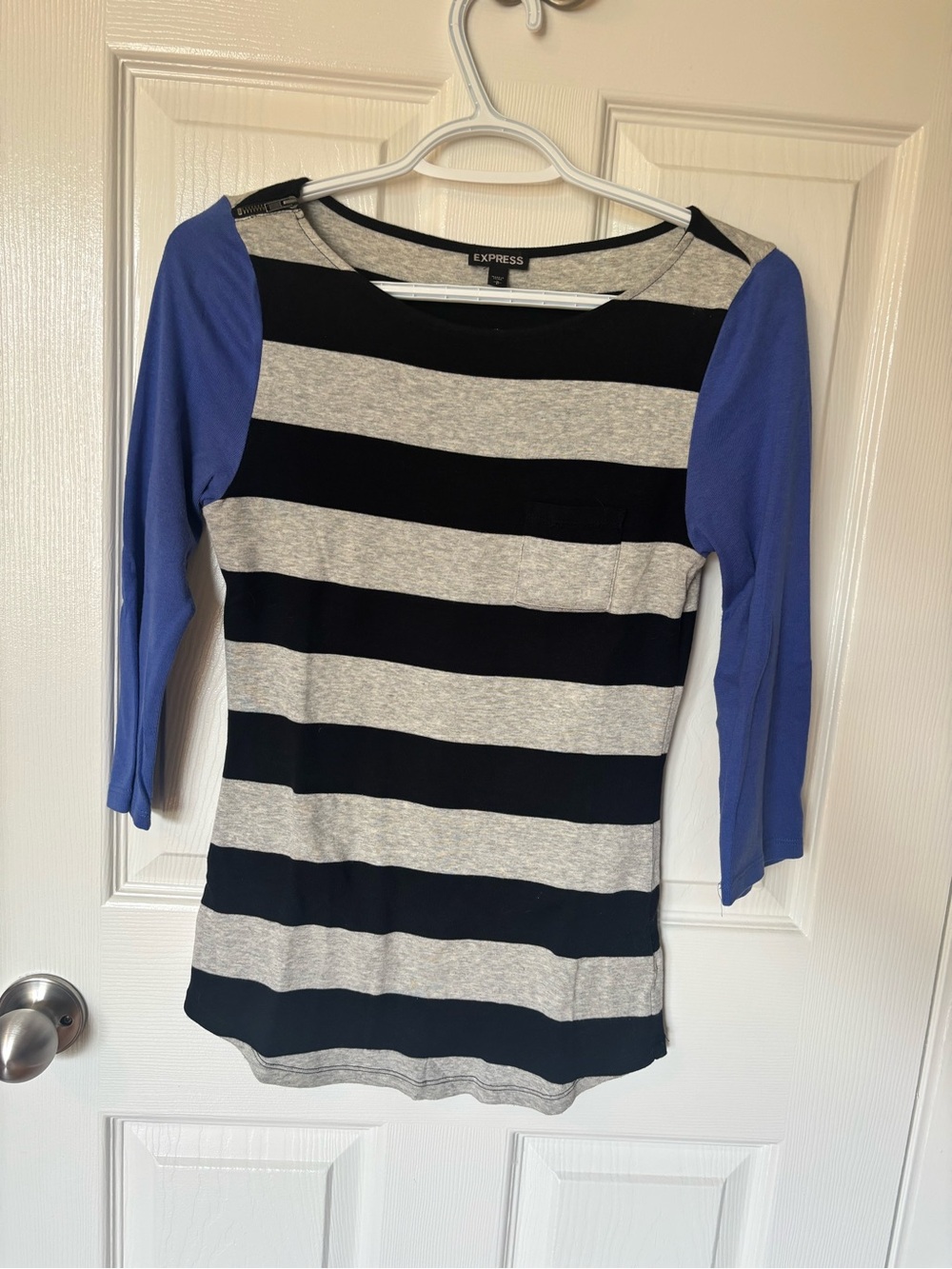 Express Black & Gray Striped Top with Blue Sleeves